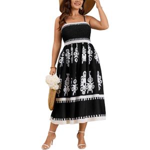 CICIDUDU Plus Size Spaghetti Strap Summer Boho Floral Dress Beach Sleeveless Sundress Smocked Maxi Dress with Pockets 2026 (Black, XXL)