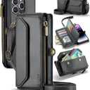 for iPhone 13 Pro Wallet Case with Zipper Card Holder & Crossbody Lanyard Strap & Wrist Strap, RFID Blocking PU Leather Magnetic Flip Handbag Wallet Case for iPhone 13 Pro -Black