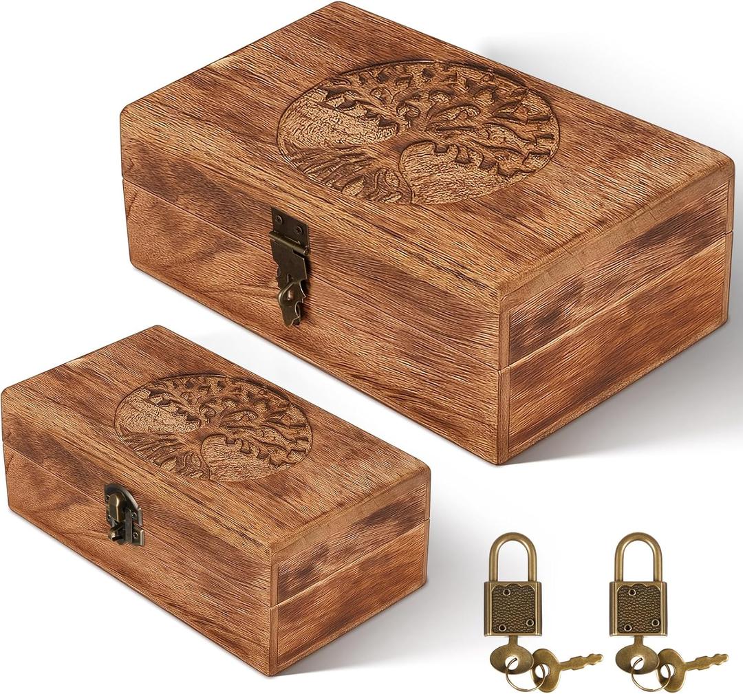 Vicenpal 2 Wooden Tree Keepsake Boxes with Lock, (8x5x3.2 inch & 7x3.7x2.8 inch), Handmade Decorative Treasure Chest Box, Gift Ideas for Men & Women Jewelry Rings Storage (Dark Color)