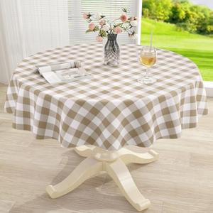 misaya Round Waterproof Vinyl Table Cloth, Buffalo Flannel Backed Tablecloth, Wipeable Plastic Table Cover for Dinner, Kitchen, Outdoor (70", Khaki and White)