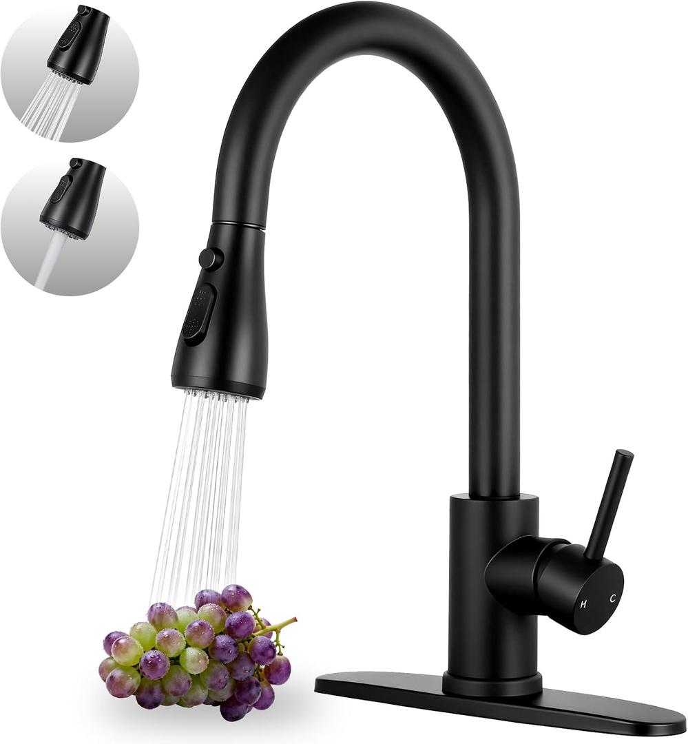Kitchen Faucet with Pull Down Sprayer, Matte Black Kitchen Sink Faucet for RV, Laundry, Bar, Farmhouse, High Arc Stainless Steel Pull Out Single Handle Kitchen Faucet