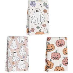 3 Pcs Halloween Themed Kitchen Towels, Naughty Ghost Decorative Absorbent Microfiber Dish Cloth Tea Towel, Pumpkin Waffle Soft Hand Towels for Farmhouse Home Bathroom, Halloween Gifts