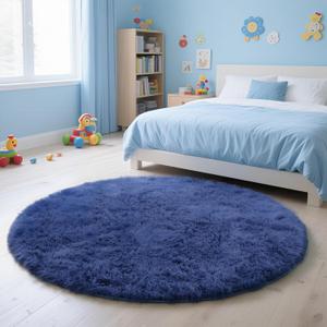 Blue Fluffy Round Area Rugs for Bedroom,3ft Shag Circle Area Rugs for Living Room,Non Slip Fuzzy Plush Rug for Kids Room Boys Girls Room and Dorm Home Decor Rug