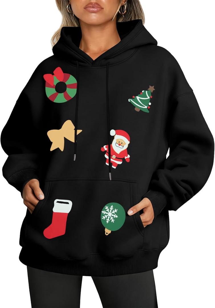 FRYAID Christmas Hoodie Women Merry Christmas Tree Sequins Sweatshirts Cute Xmas Snowman Santa Claus Sweater Holiday Pullover (Large, B-black)