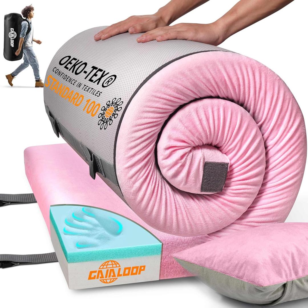 3 Inch Memory Foam Camping Mattress, Dual Layer Thick Sleeping Camp Pad for Car Tent Cot, Roll-Up Portable Glamping Floor Bed for Guests Sleepover (Sakura Pink)