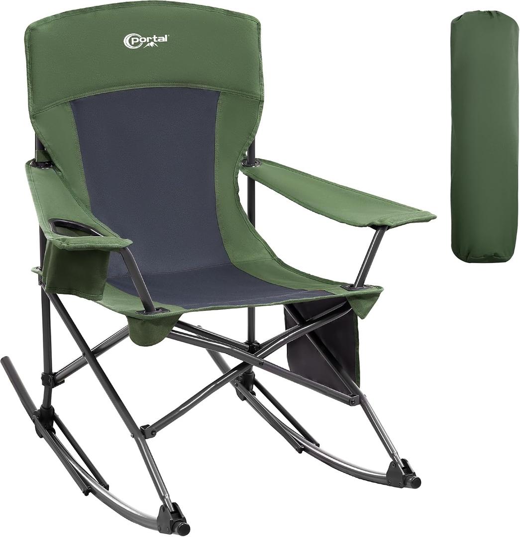 Portal Outdoor Rocking Chair Camping Folding Portable Rocker with Cup Holder Side Pocket Carry Bag, Support 350LBS (Green), Standard