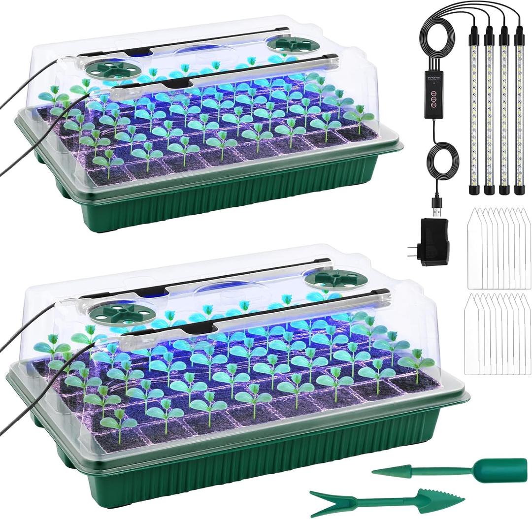 2 Packs Starter Tray with Grow Light, 80 Cells Seed Starter Kits with Humidity Dome and Base Plant Germination Seedling Starter Kit with Smart Timer for Indoor Greenhouse Wheatgrass Hydroponic