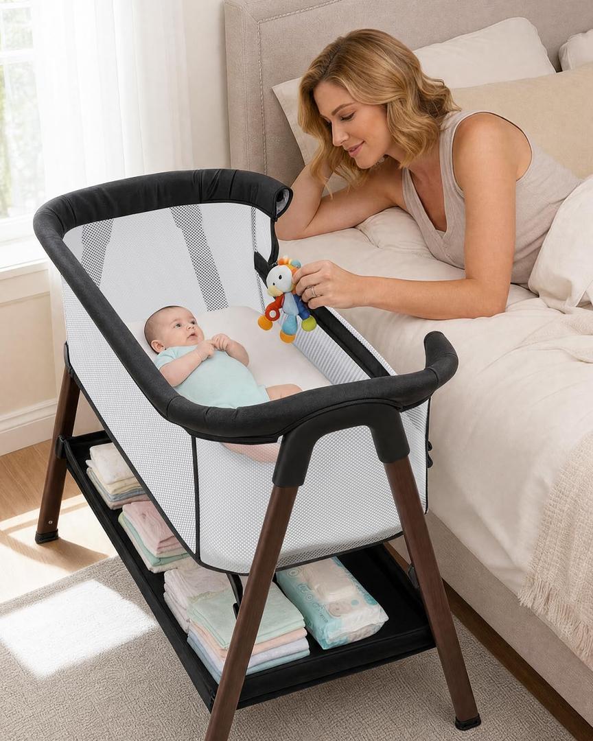 Baby Bassinet, Bedside Bassinet for Baby | Bassinet Bedside Sleeper with Mattress, Storage Basket and 4 Auto-Lock Wheels, Full-Mesh Sides, Bedside Mini Crib for Newborn