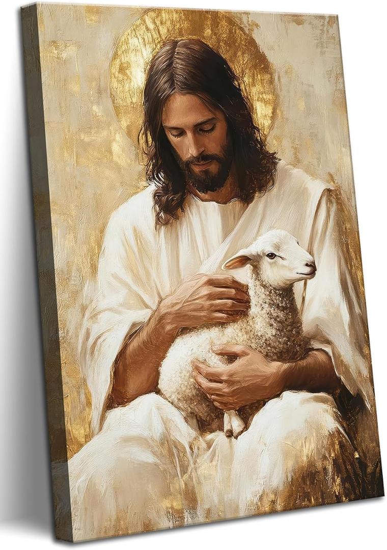 KYHDCJUB Jesus and Lamb Wall Art Jesus Saves the Lost Lamb Painting Christian Picture Wall Decor God Embraces Sheep Picture Prints Artwork for Living Room Bedroom Church 16x24 Inch Ready to Hang