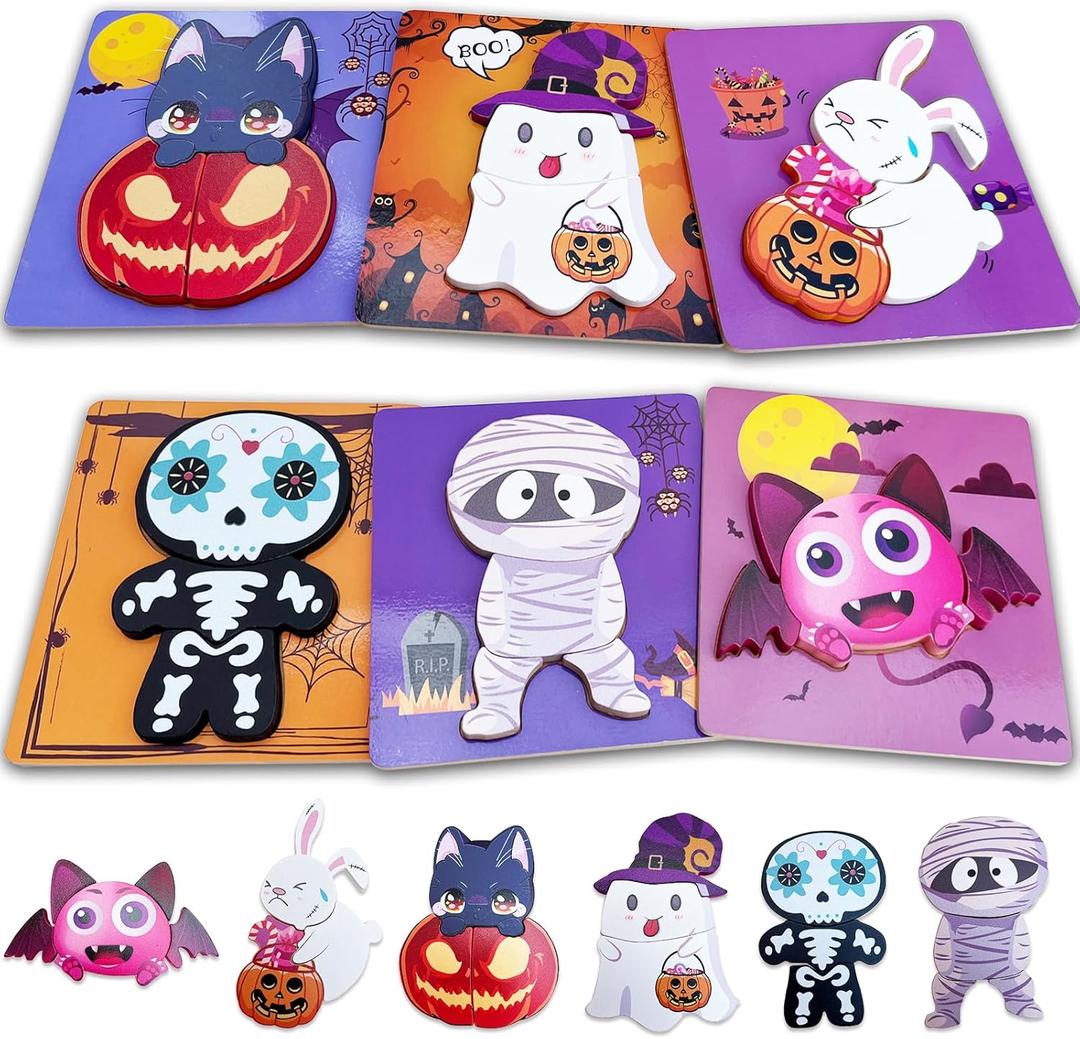 Halloween Puzzle Toys 6 Pack Wooden Puzzles for Toddlers Montessori Toy for 3 4 5 Year Old Boys Girls Toddler Gifts Halloween Treat Bags Gifts