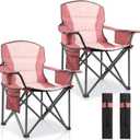 2 Pack Padded Oversized Camping Chairs for Adults,Heavy Duty Support 400 Lbs,Folding Portable Lawn Chair w/Cup Holder,Cooler Bag,Side Pocket,Perfect for Outdoor Picnic,Hiking(Pink), 32.5 x 24 x 39.8 inches