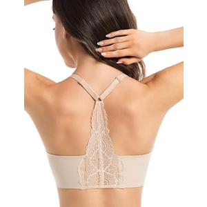 Lusait Lace Bralettes for Women Full Coverage Sexy No Underwire Deep V Racerback Bra Comfort Padded Bras, M