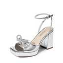 DREAM PAIRS Women's Double Bowknots Platform Chunky Heels Rhinestone High Square Toe Dress Sandals for Wedding Bridal Party,Size 6.5,Silver-Pat,SDHS2453W