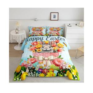 Easter Rabbit Duvet Insert Easter Bedding Set,Boho Floral Comforter Set Cute Rabbit Pet Animal Bed Quilt Queen Size Kawaii Greetings and Presents for Easter Day,Easter Gifts for Toddlers, 88 x 80