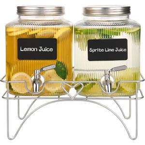 Lulonpon 2 x 4L(1.06 Gallon) Glass Drink Dispenser, Beverage Dispenser with Stainless Tap, Glass Water Juice Dispensers with Metal Stand, Water Jug with Tap Perfect for Parties,Weddings,Birthdays (Little, Clear)