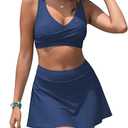 ZAFUL Womens High Waisted Bikini Sets Tummy Control Swimsuits 2025 Swim Skirt Two Piece Crisscross Tie Back Bathing Suit (Small, Haze Blue)