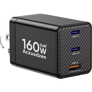 USB C Charger Block 160W, 3-Port GaN Super Fast Charger, Dual 65W Type C Charging Block, Foldable QC3.0 Laptop Fast Charging for MacBook, iPhone, Samsung, Galaxy, iPad, Android (Black, 1 Pack)
