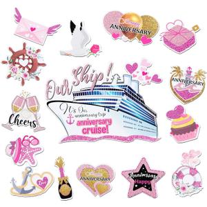 Oudain 15 Pcs Anniversary Cruise Door Decorations Magnets Cruise Door Decor Fridge Magnet Stickers Decals Anniversary Sign for Honeymoon Party Refrigerator Car