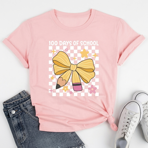 100 Days of School Shirt for Kindergarten Teacher: Bow Pencil Shirts, Teacher Appreciation Short Sleeve Shirts, XXL