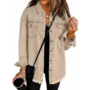 Denim Jackets Women Long Sleeves Jean Coat Western Oversized Button Down Frayed Hem Shacket Ripped Stretch Boyfriend Washed Jacket with Pockets Trucker Jacket Cardigans Shirts Trucker Coat Sale M