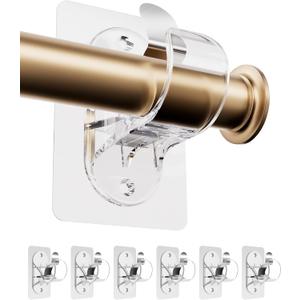 6-Pack No Hole Curtain Rod Brackets Hangers, Self Adhesive Curtain Rod Holders, No Drilling, No Nail Heavy Duty Stick on Rod Hooks (Transparent)