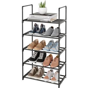 Metal Shoe Rack,Upgrade 5-Tier Stackable Shoe Stand,Narrow Shoe Storage Shelf for Shoes,Boots Entryway and Closet Hallway (with Handle, Black)