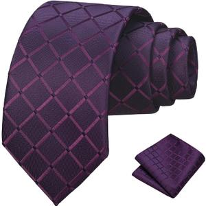 PenSee Mens Black Tie Checkered Tie Classic Necktie 3.15" (8CM) Plaid Ties For Men With Pocket Square Set (Medium, 114-purple)