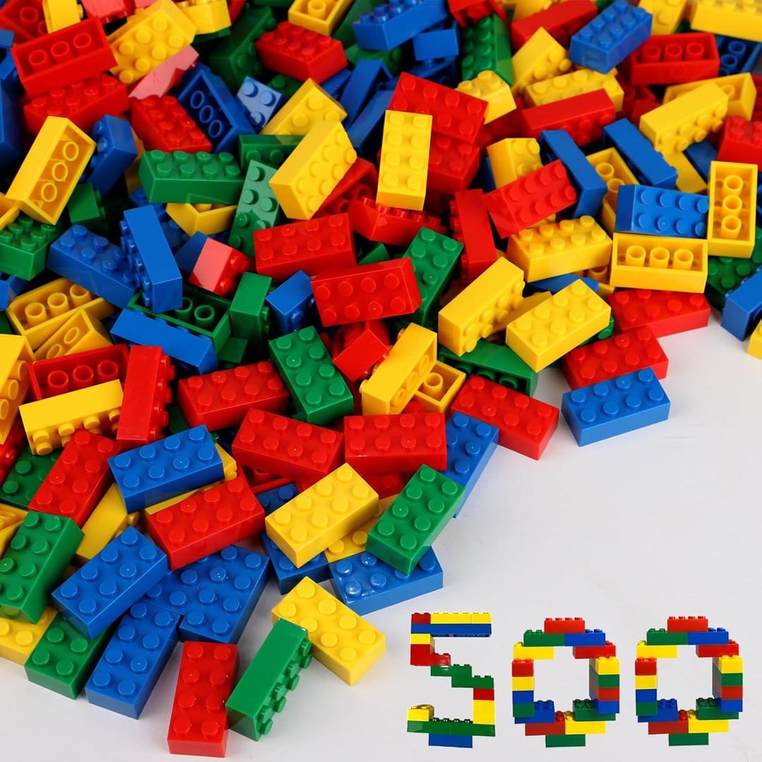 500 Piece Classic Small Building Bricks, 2x4 Bulk Bricks STEM Creative Building Toys, Red, Yellow, Blue, Green(Small Bricks, 1.25x0.62x0.47 in)