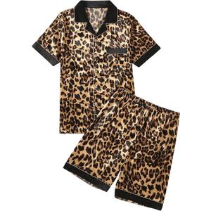 WDIRARA Men's 2 Piece Leopard Print Satin Pajama Set Button Down Short Sleeve Shorts Loungewear Sets (M)