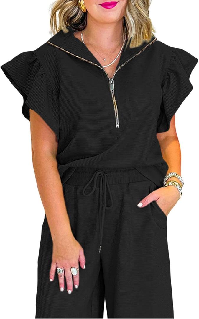 SELINK Two Piece Sets for Women Summer Outfits Ruffle Cap Sleeve Zip Top Wide Leg Pants Lounge Set Tracksuits (Small, Black)