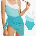 Girl's One Piece Swimsuits Color Block Cutout One Shoulder Bathing Suit with Mesh Cover Up 1 Piece Swimsuit Swimwear, 9/10Y