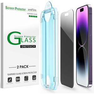 amFilm Auto-Alignment OneTouch for iPhone 14 Pro [6.1''] privacy Screen Protector,Tempered Glass, 30 seconds Installation, Bubble Free, Case Friendly, Anti-Scratch [2Pack]
