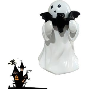 Halloween Ghost Figurines with Holding Bat, Cute Funny Resin Ghost Statue Romantic Shelf & Desk Decor, Mini Spooky Ghosts Pink Halloween Decors for Desk Office Table Centerpieces Ornament (B)