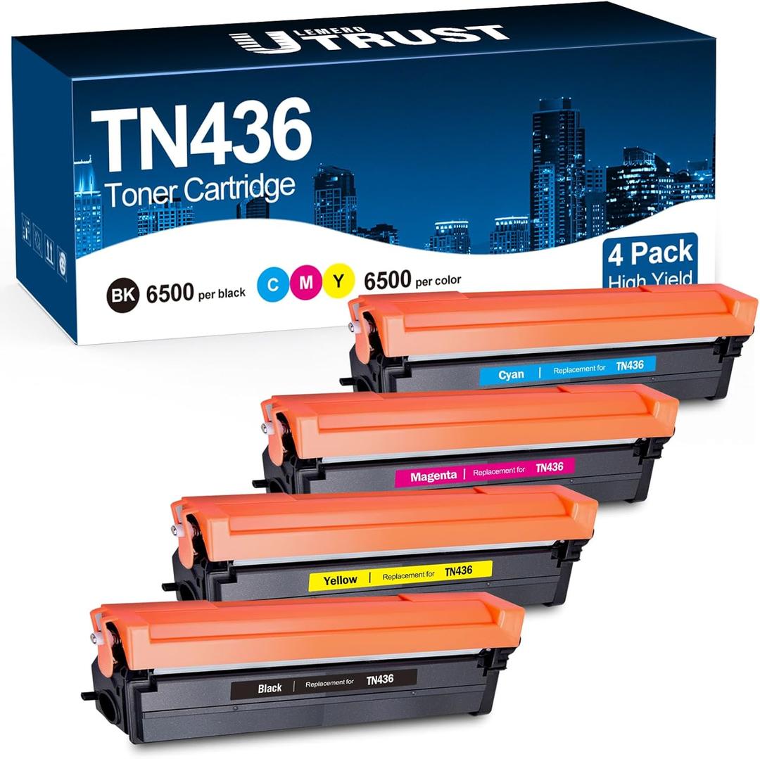 Compatible TN436 Toner Cartridge Set 6500 High Yield with Chip Replacement for Brother TN436 TN 436 TN433 TN431 Printer (4Pack,BK/C/Y/M)