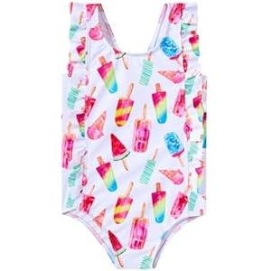 RAISEVERN Baby Girls Swimsuit Ruffles Bathing Suits 3T Cute Cartoon Colorful Ice Cream Beach Sport White Summer One Piece Swimwear Backless Quick-Dry Swimming Bodysuit for 4t Little Girl