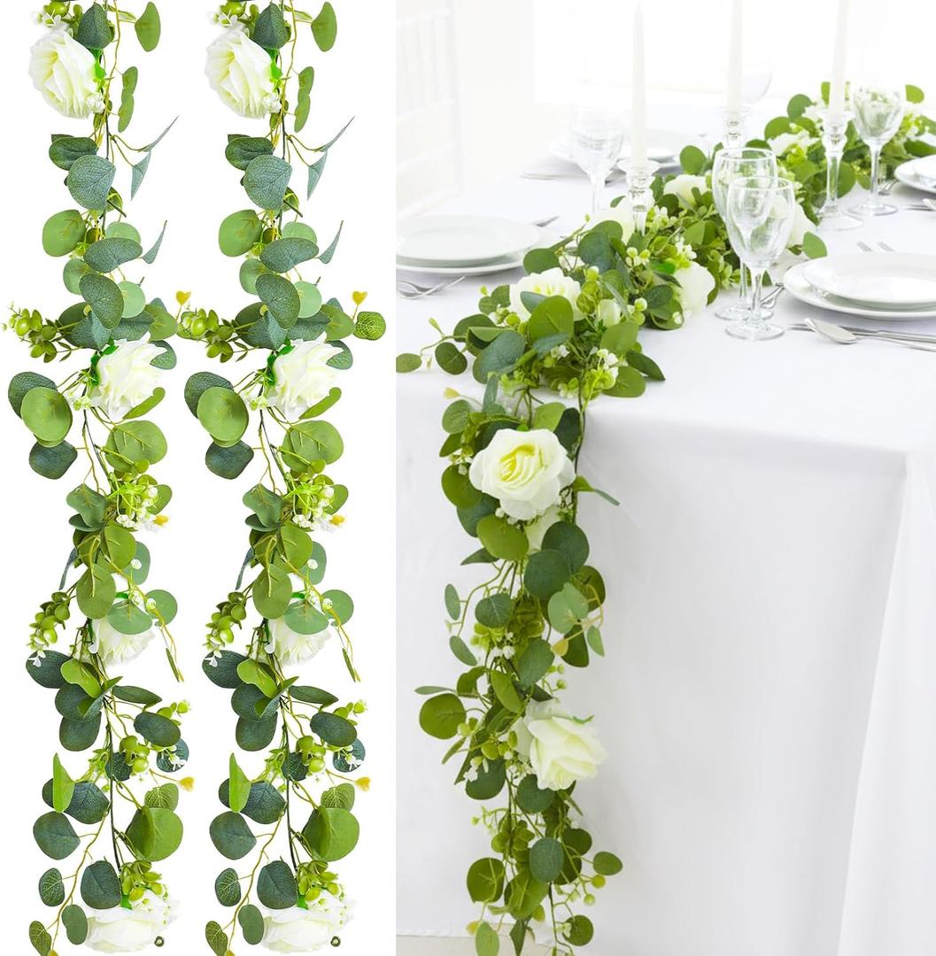 3 Pcs Total 18Ft Artificial Eucalyptus Flower Garland, Faux Eucalyptus Garland with White Roses Fake Flowers Vines for Centerpiece, Wedding, Party, Table, Background, Arch, Indoor Outdoor Decor