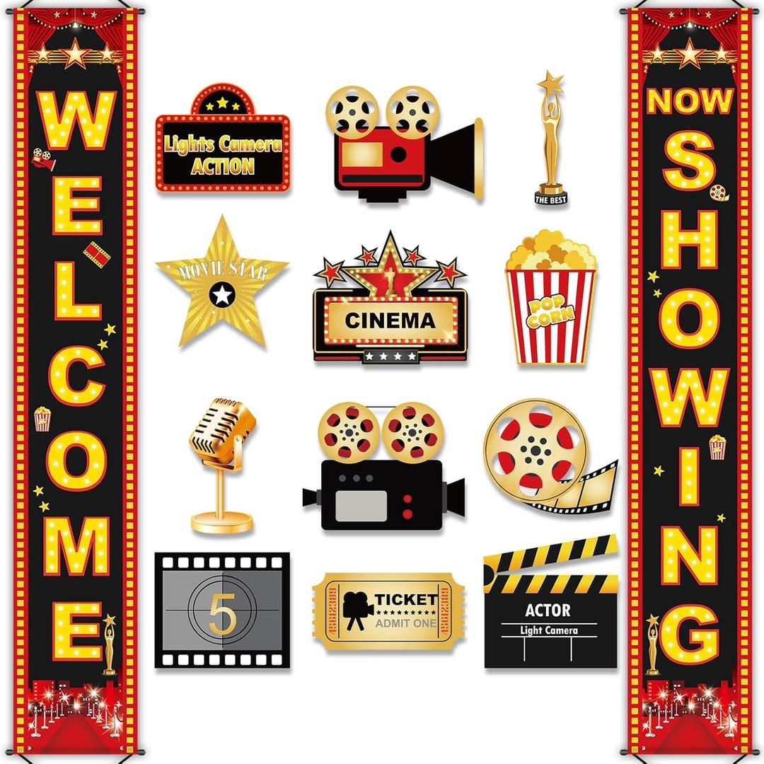 Movie Night Porch Sign Banner 12Pcs Movie Signs Cards for Home Film Backdrop Party Decoration Welcome Now Showing Door Hanging Banner Night Cutouts for Theater Photography Family Party Supplies