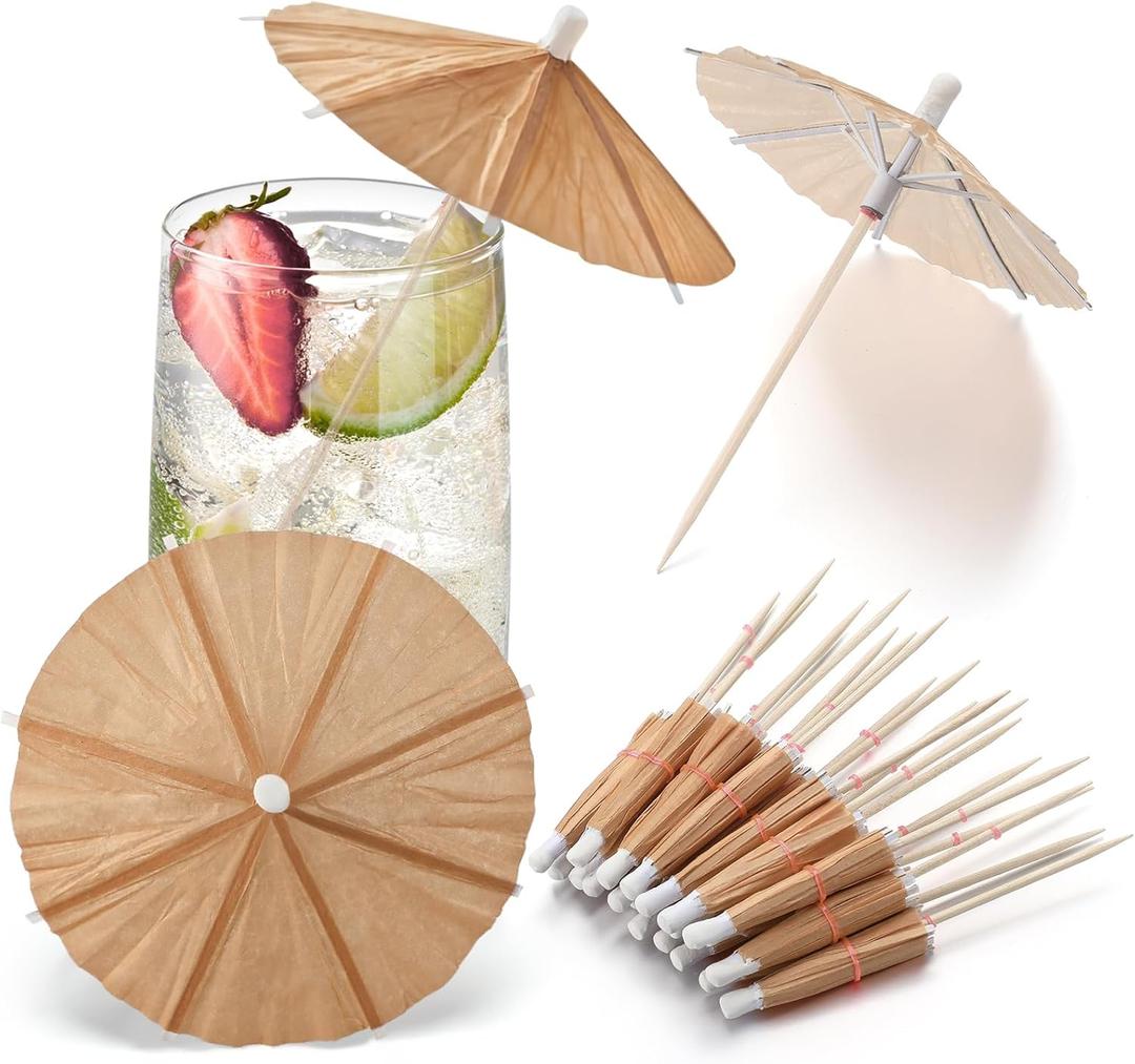 100 Pcs Brown Drink Umbrellas Cocktail Picks Tiki Drink Umbrella Toothpicks Cocktail Umbrellas Pick Cupcake Topper Stick for Luau Parasols Hawaiian Tiki Party Appetizers Restaurant Bar