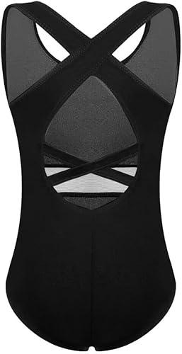 Girls’ Ballet Dance Leotard Tank Leotards Sleeveless, Mesh Waist, Crisscross Straps Back(SM23617-06-XL)