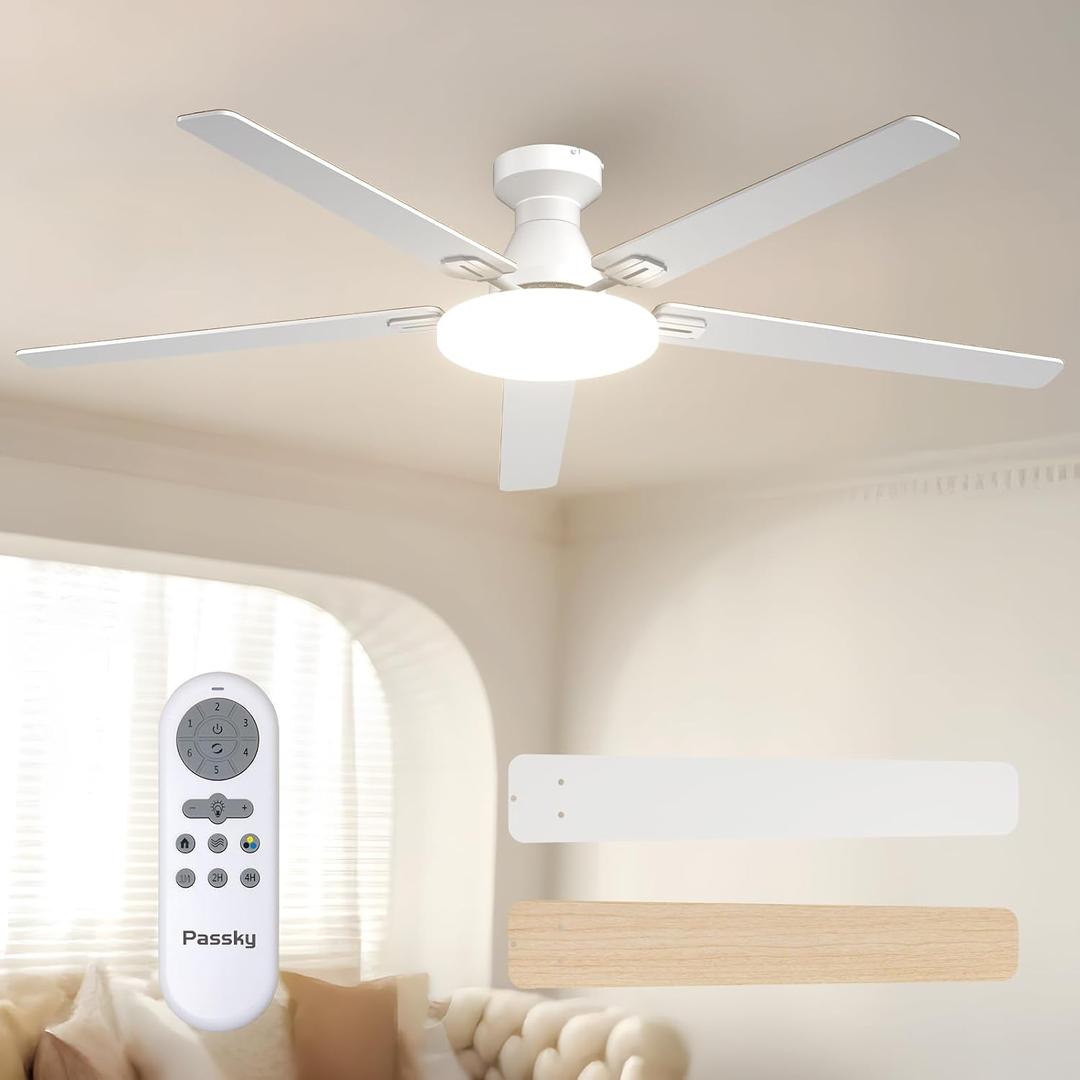 Passky 60 Inch White Low Profile Ceiling Fans with Lights and Remote