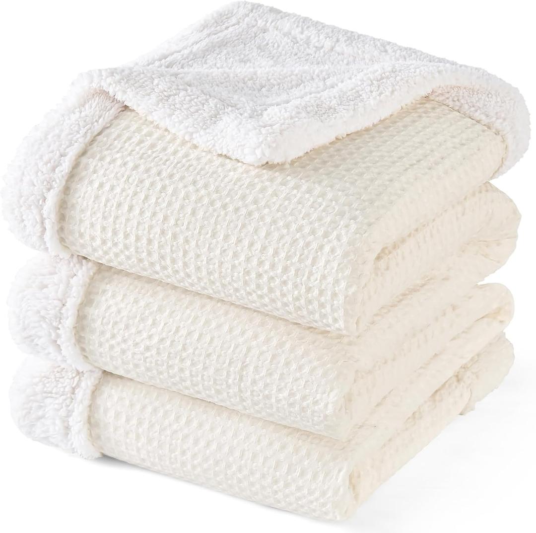 PHF Waffle Sherpa Blanket Queen Size, 90x90 Inches Luxury Plush Flannel Fleece Blanket for Winter, No Shed No Pilling, Cozy Soft & Reversible Waffle Weave Bedding for Home Decor, Cream White