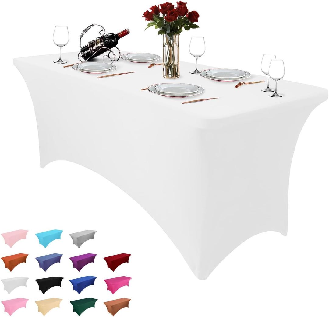 Heochy 1 Pc 6FT Table Cloth for Rectangle Tables - White Tablecloth Rectangular Fitted Stretch Spandex Table Covers 6 ft for Birthday, Cocktail, Wedding, Banquet Spring Outdoor Party