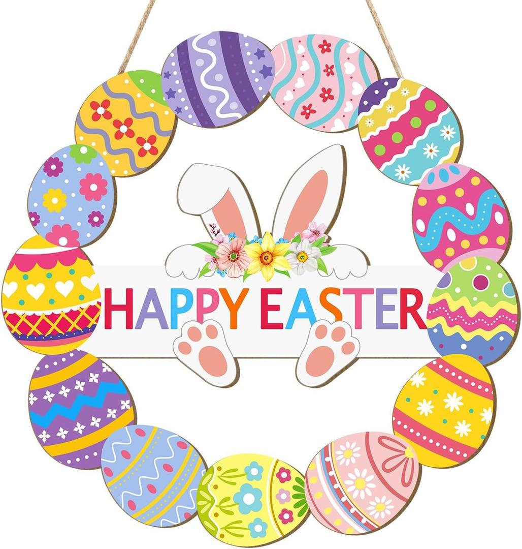 Wooden Easter Decoration Door Wreath for Front Door Sign Wall Signs Rabbit Spring Door Decor, Hollow Bunny Sign Flower Egg Welcome Hanging for Home Wall Decor Party Outdoor Indoor (Easter-Egg)