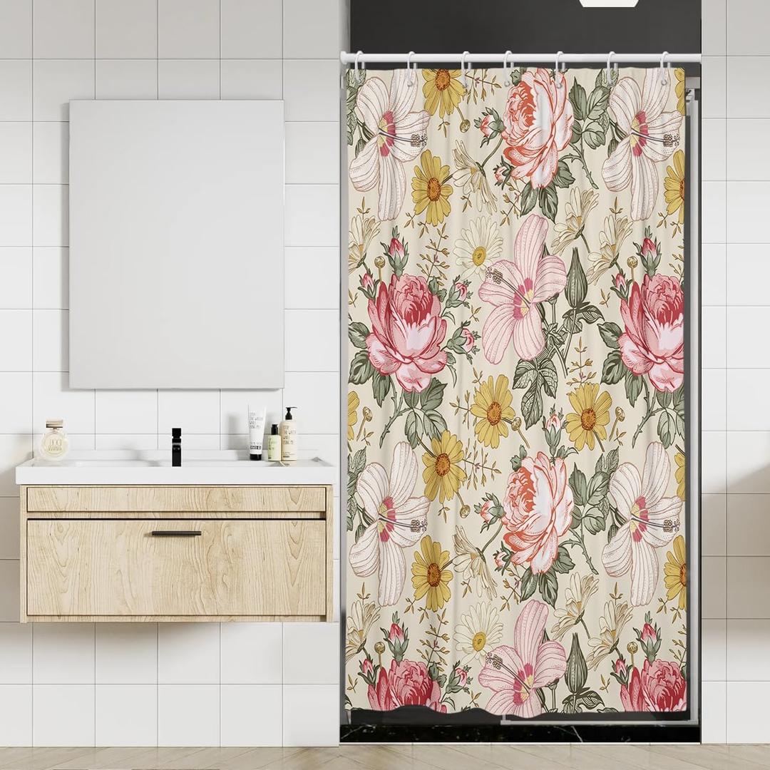 Coxila Pink Floral Shower Curtain 36x72 Inch Stall Half Mini Size Stand up Boho Vintage Flower Beige Yellow Retro Colorful Girls Botanical Green Cottagecore Women Plant Polyester Fabric 7 Pack Hooks