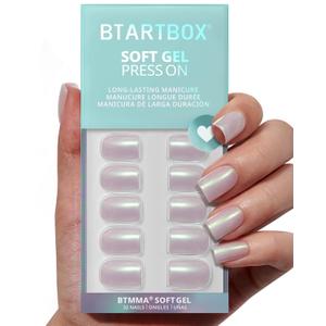 BTArtbox Press On Nails Short - Pearlescent Glitter Square Press On Nails with Glue for Women, Opaque Soft Gel Glue On Nails in 16 Sizes - 32 Stick On Nails Kit, Screaming Silver