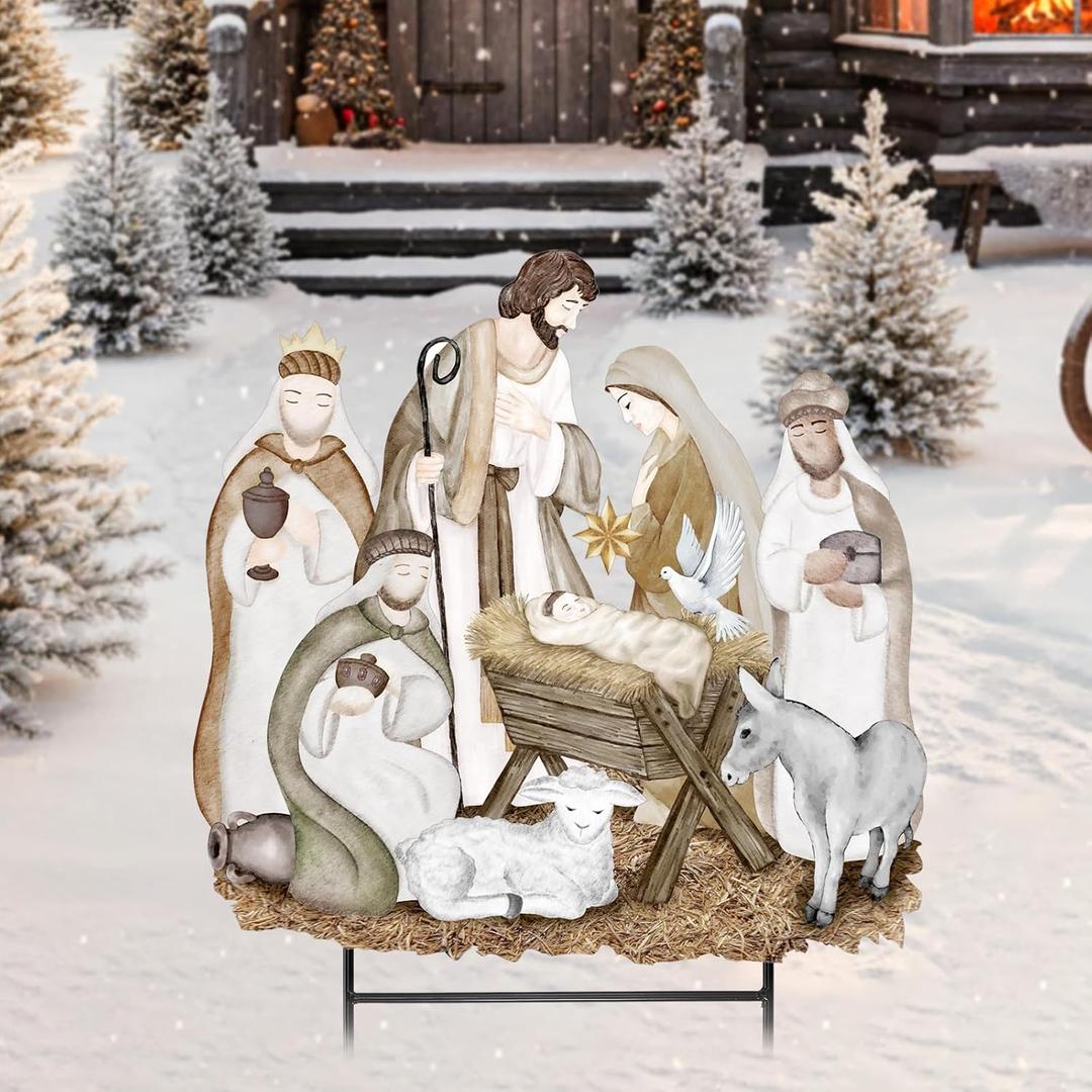 Weysat Christmas Nativity Yard Signs 15.7 Inch Metal Nativity Sense Decoration Outdoor Christian Religious Yard Decorations with Stakes Waterproof Jesus Garden Sign for Home Patio Lawn Party