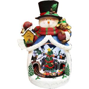 MOMENTS IN TIME Snowman with Animated Christmas Village Scene LED Lighted Musical Holiday Decoration with Moving Train Adapter Included 18.7 Tall Festive Home Decoration