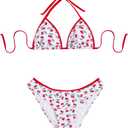 MakeMeChic Women's Cherry Print Bikini Set Halter Triangle Backless Swimwear Bathing Suit (White, L)
