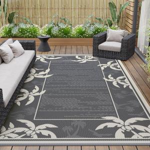 COCOER Outdoor-Rug 9x12 ft Waterproof Outdoor Plastic Straw Rug Reversible RV Indoor Outdoor Carpet Quick Dry Patio Rug Camping Mat for Balcony Backyard Picnic Beach-Grey&Beige