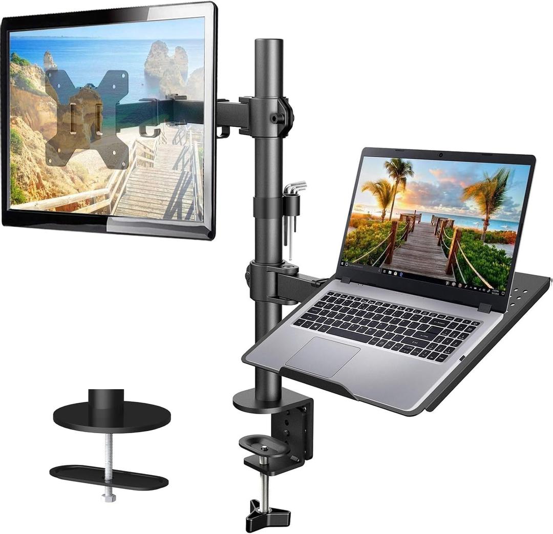 HUANUO Adjustable Monitor Stand, Single Arm Desk Mount for 32 inch Screen and 17 inch Laptop, Heavy Duty Ergonomic Bracket Holds 22lbs